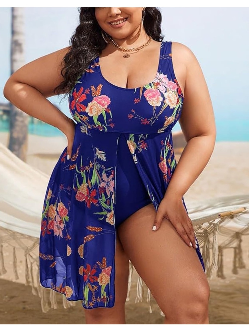 Plus Size Swimwear Flowy Outer Layer Belly Cover Flower Print One-Piece Swimsuit